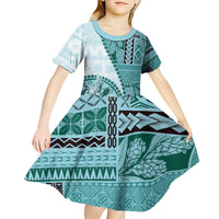 Samoa Siapo Elegant Kid Short Sleeve Dress Hibiscus Teal Motifs - Polynesian Pride