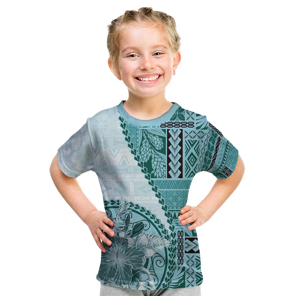 Samoa Siapo Elegant Kid T Shirt Hibiscus Teal Motifs - Polynesian Pride