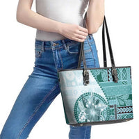 Samoa Siapo Elegant Leather Tote Bag Hibiscus Teal Motifs - Polynesian Pride