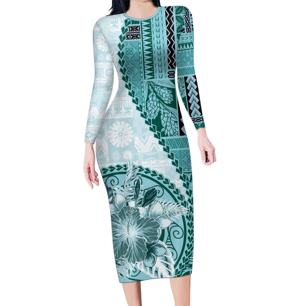 Samoa Siapo Elegant Long Sleeve Bodycon Dress Hibiscus Teal Motifs - Polynesian Pride
