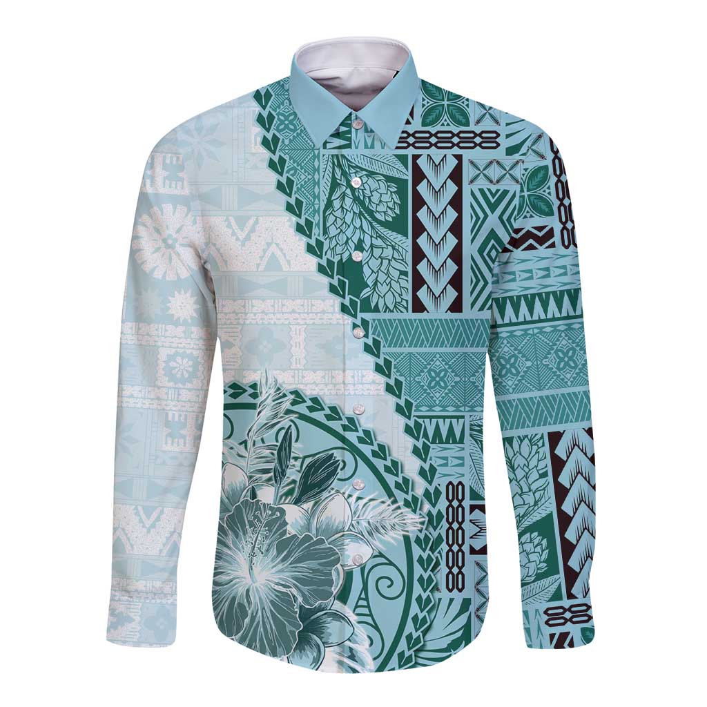 Samoa Siapo Elegant Long Sleeve Button Shirt Hibiscus Teal Motifs - Polynesian Pride