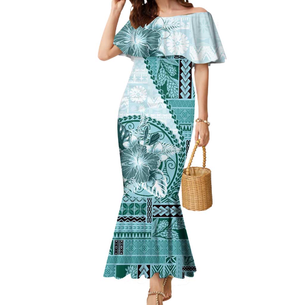 Samoa Siapo Elegant Mermaid Dress Hibiscus Teal Motifs - Polynesian Pride