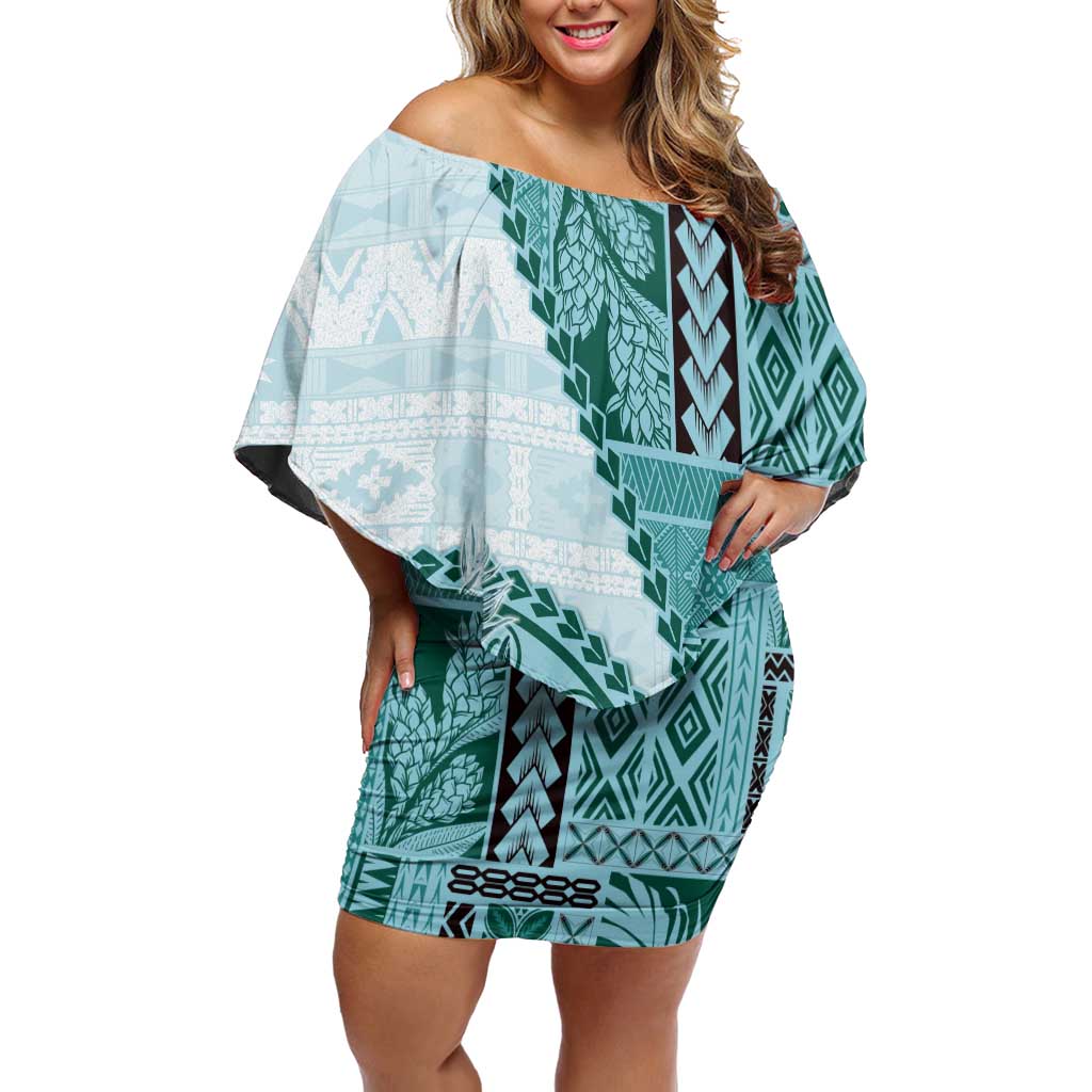 Samoa Siapo Elegant Off Shoulder Short Dress Hibiscus Teal Motifs - Polynesian Pride