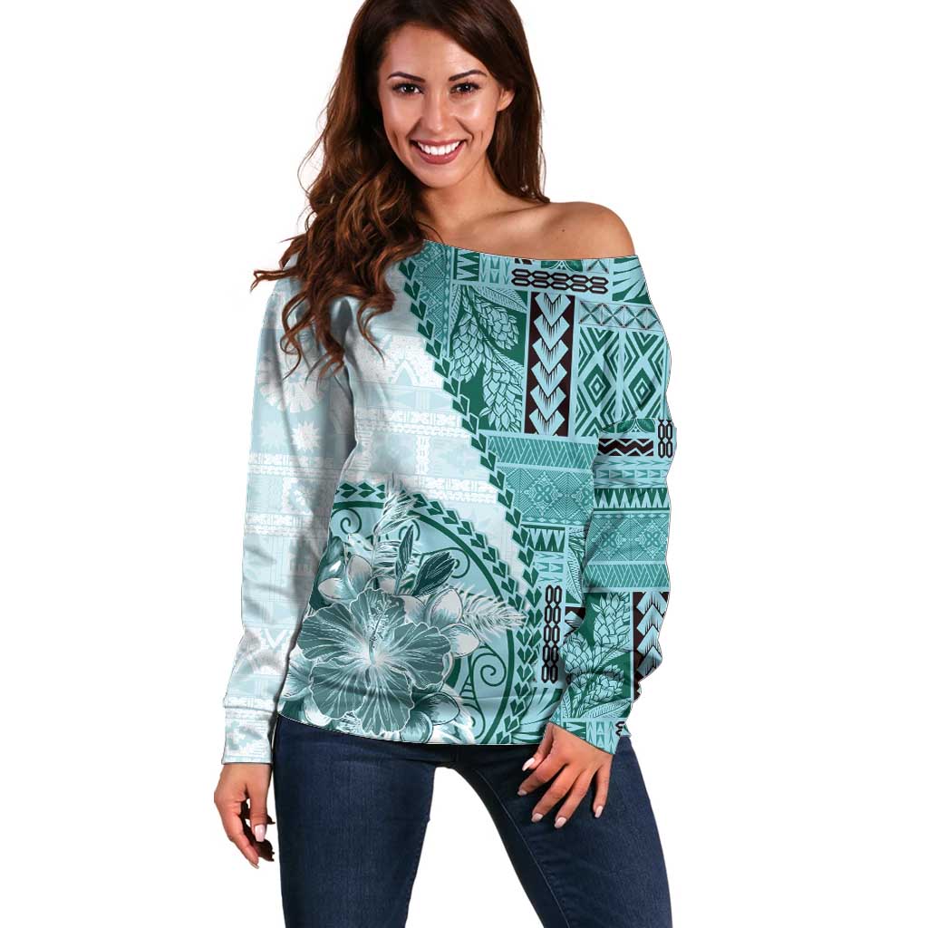 Samoa Siapo Elegant Off Shoulder Sweater Hibiscus Teal Motifs - Polynesian Pride
