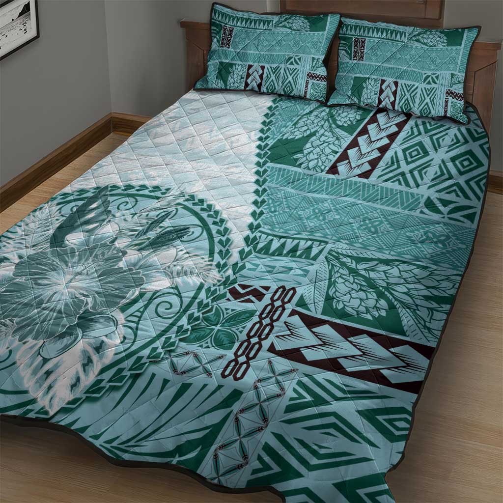 Samoa Siapo Elegant Quilt Bed Set Hibiscus Teal Motifs - Polynesian Pride