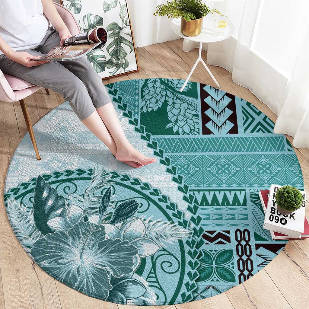 Samoa Siapo Elegant Round Carpet Hibiscus Teal Motifs - Polynesian Pride
