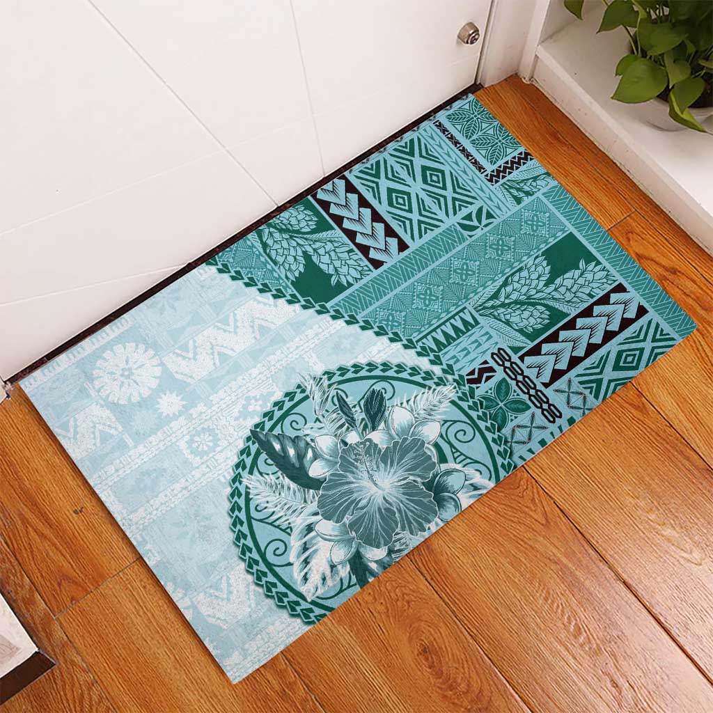 Samoa Siapo Elegant Rubber Doormat Hibiscus Teal Motifs - Polynesian Pride