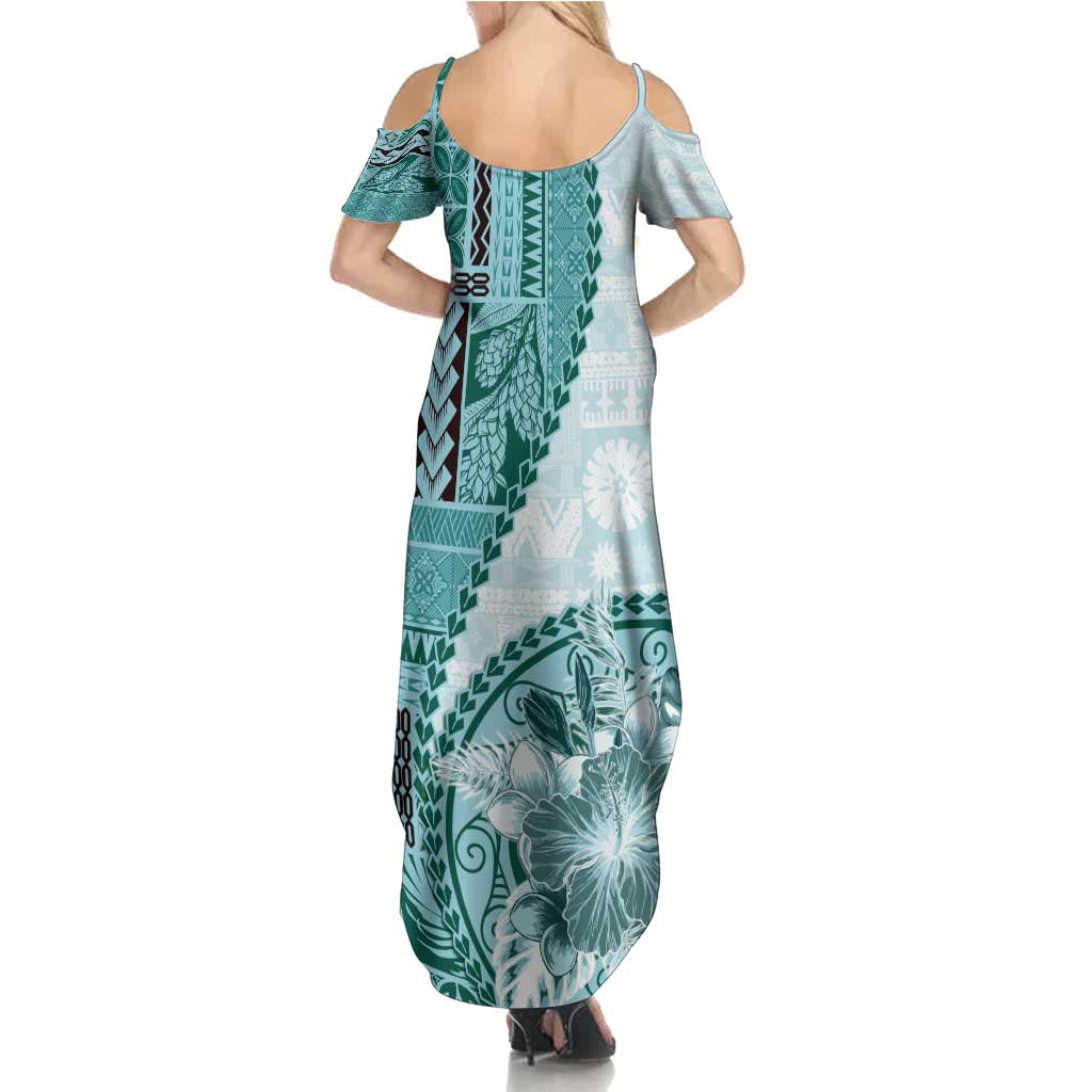 Samoa Siapo Elegant Summer Maxi Dress Hibiscus Teal Motifs - Polynesian Pride