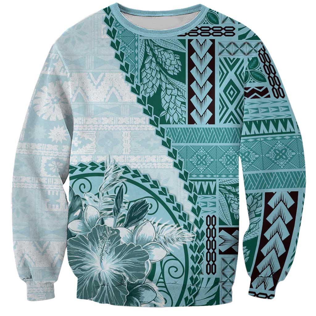 Samoa Siapo Elegant Sweatshirt Hibiscus Teal Motifs - Polynesian Pride