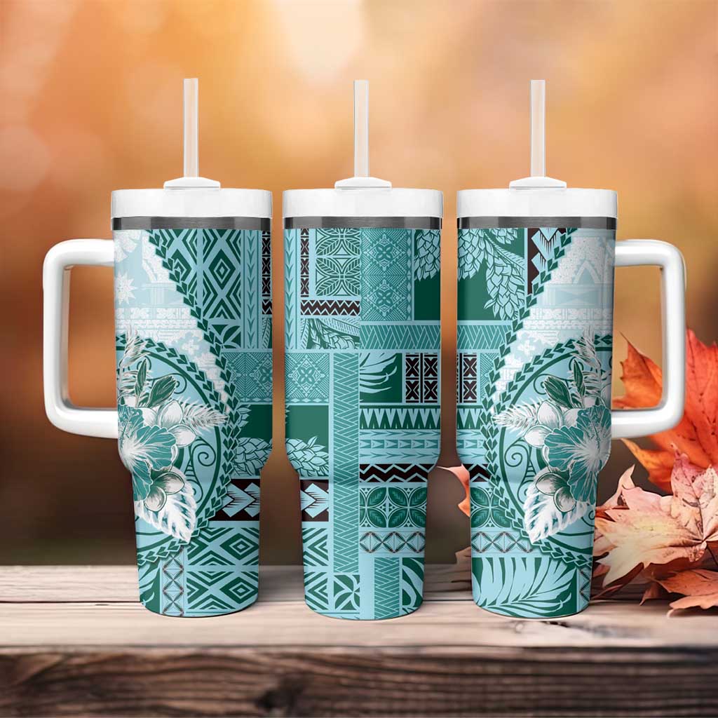 Samoa Siapo Elegant Tumbler With Handle Hibiscus Teal Motifs - Polynesian Pride
