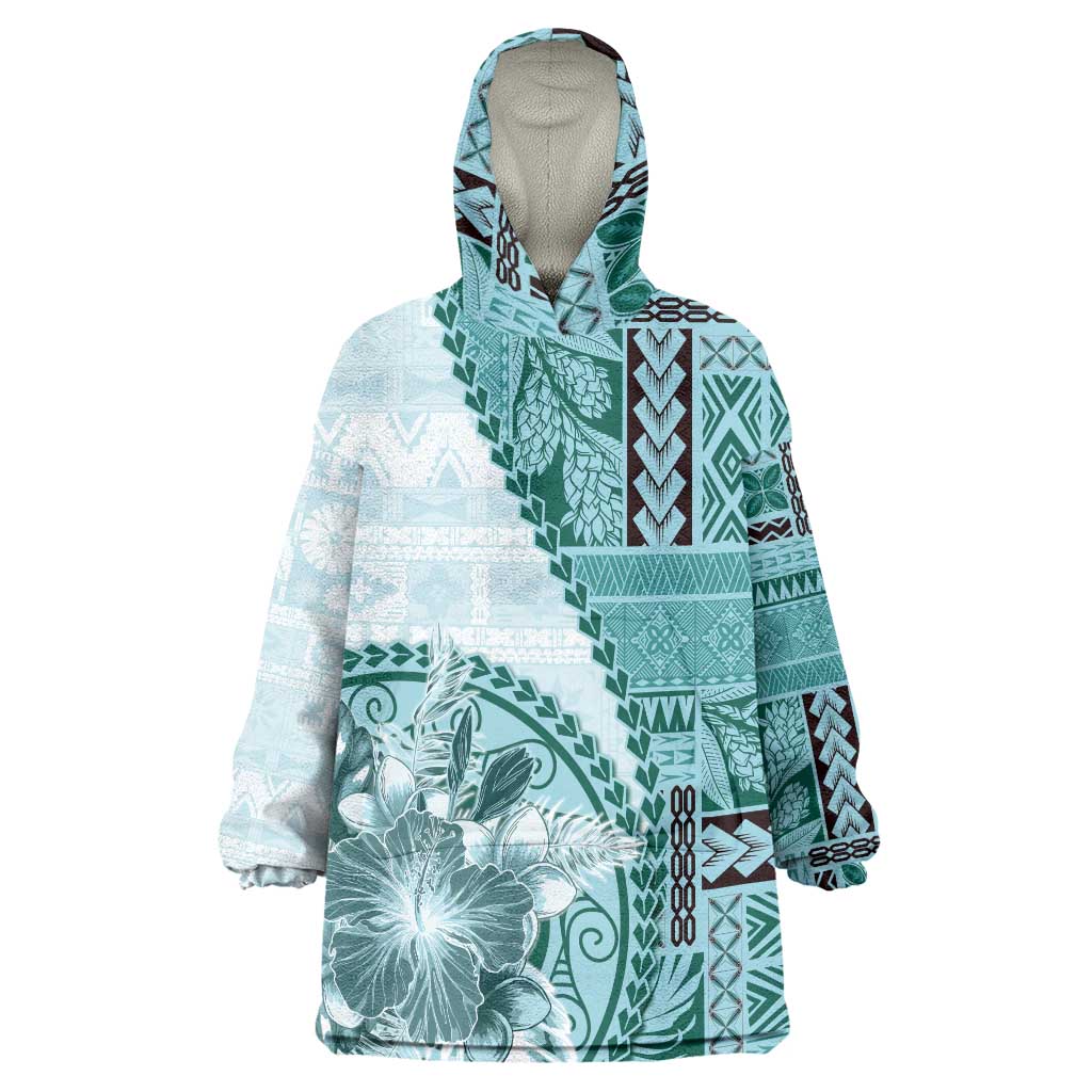 Samoa Siapo Elegant Wearable Blanket Hoodie Hibiscus Teal Motifs - Polynesian Pride