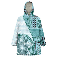 Samoa Siapo Elegant Wearable Blanket Hoodie Hibiscus Teal Motifs - Polynesian Pride