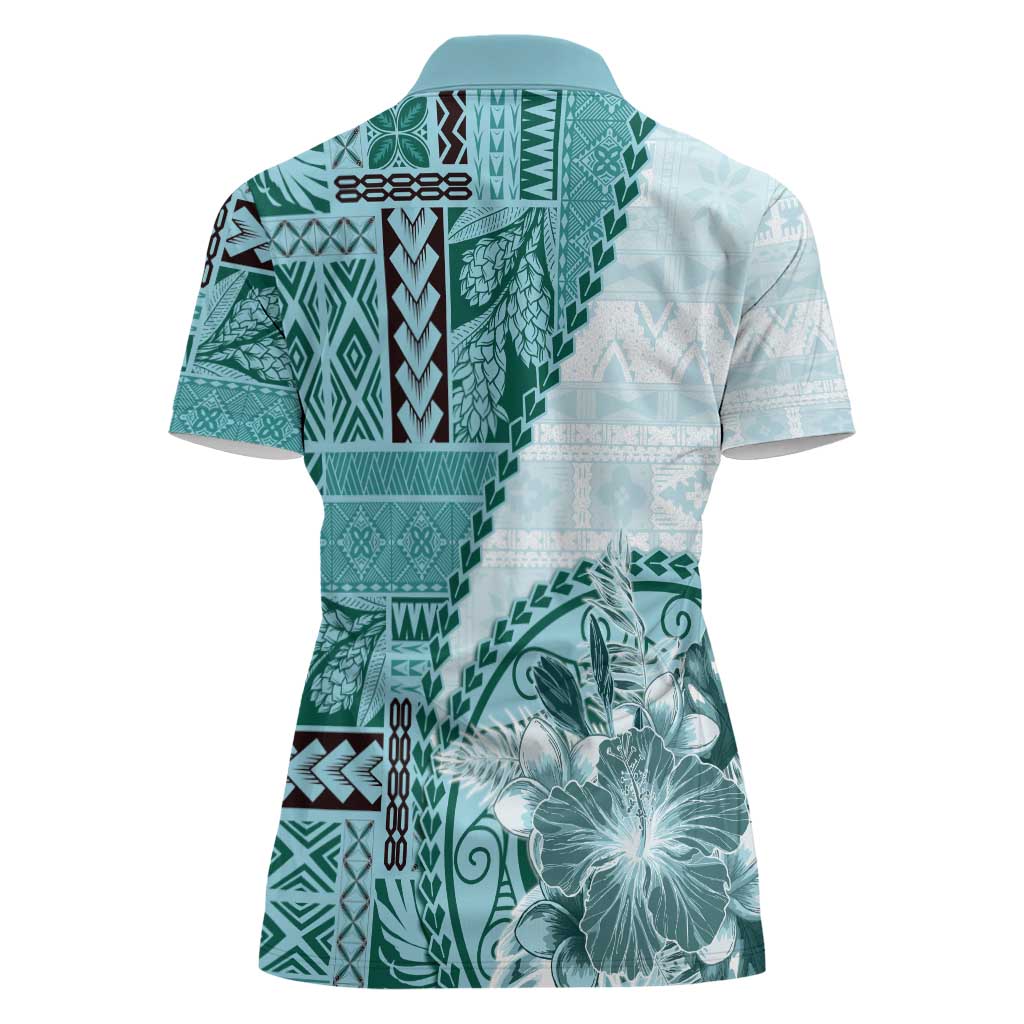 Samoa Siapo Elegant Women Polo Shirt Hibiscus Teal Motifs - Polynesian Pride