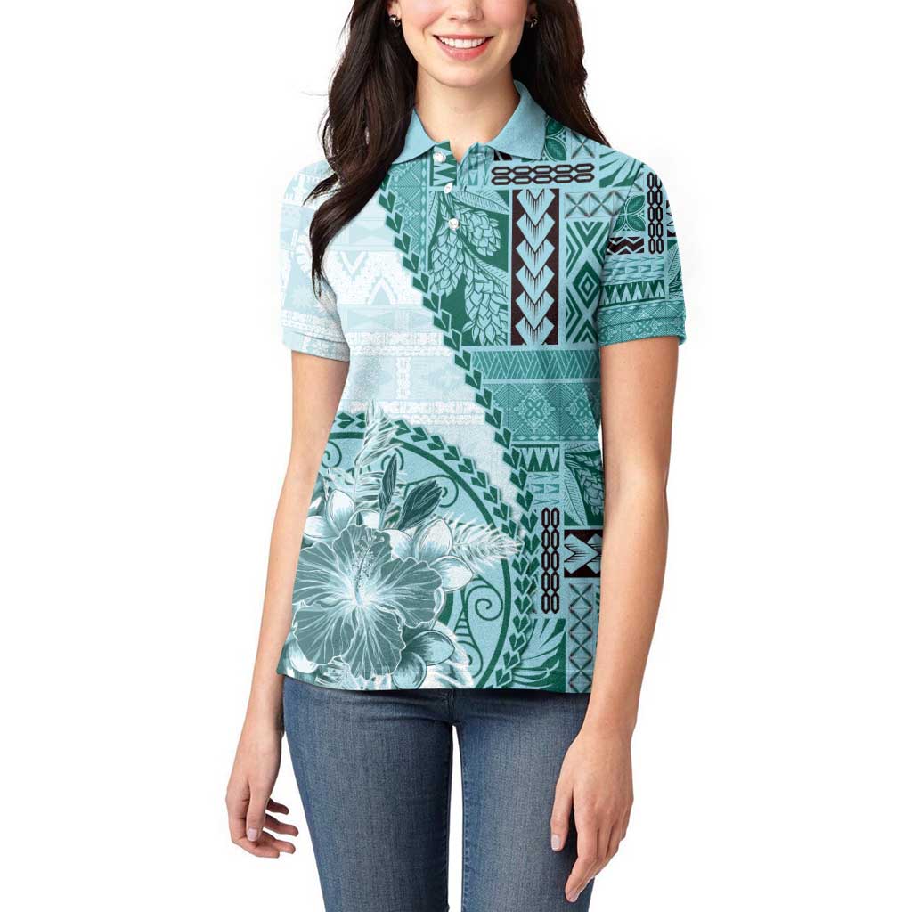 Samoa Siapo Elegant Women Polo Shirt Hibiscus Teal Motifs - Polynesian Pride