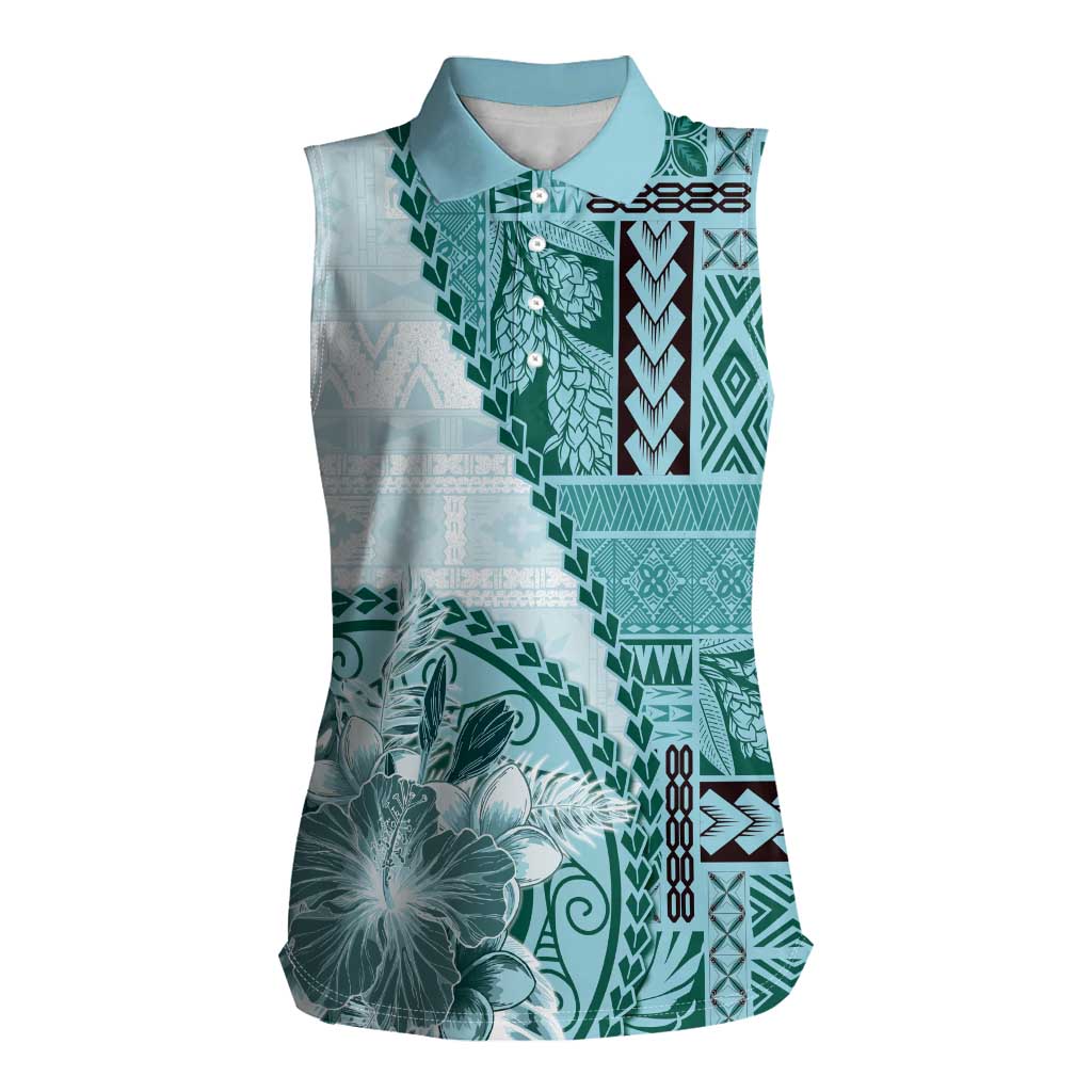 Samoa Siapo Elegant Women Sleeveless Polo Shirt Hibiscus Teal Motifs - Polynesian Pride