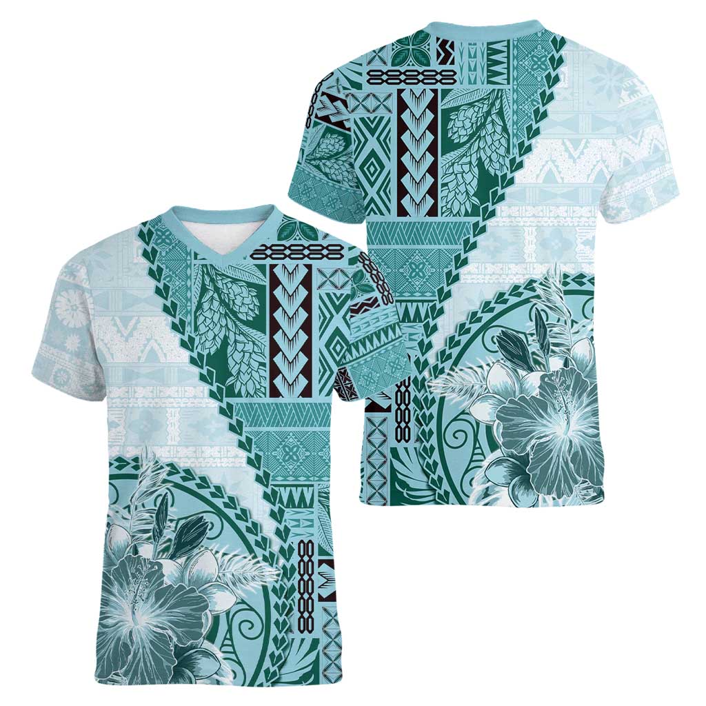 Samoa Siapo Elegant Women V-Neck T-Shirt Hibiscus Teal Motifs - Polynesian Pride
