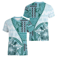 Samoa Siapo Elegant Women V-Neck T-Shirt Hibiscus Teal Motifs - Polynesian Pride