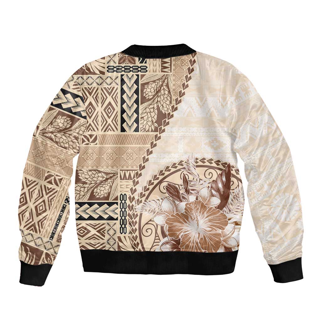 Samoa Siapo Elegant Bomber Jacket Hibiscus Beige Motifs - Polynesian Pride