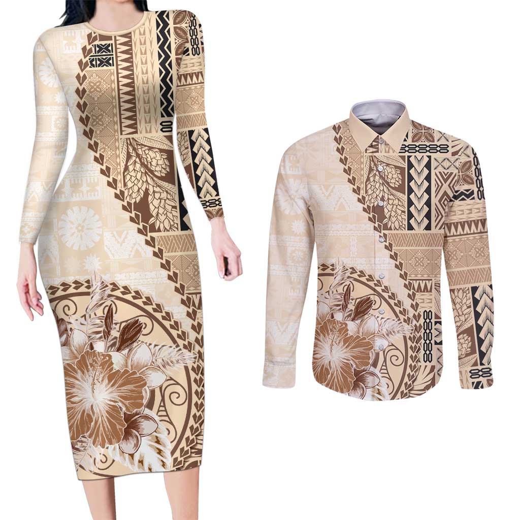 Samoa Siapo Elegant Couples Matching Long Sleeve Bodycon Dress and Long Sleeve Button Shirt Hibiscus Beige Motifs - Polynesian Pride