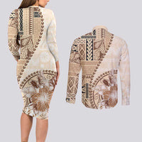 Samoa Siapo Elegant Couples Matching Long Sleeve Bodycon Dress and Long Sleeve Button Shirt Hibiscus Beige Motifs - Polynesian Pride
