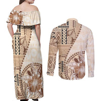 Samoa Siapo Elegant Couples Matching Off Shoulder Maxi Dress and Long Sleeve Button Shirt Hibiscus Beige Motifs - Polynesian Pride