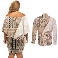Samoa Siapo Elegant Couples Matching Off Shoulder Short Dress and Long Sleeve Button Shirt Hibiscus Beige Motifs - Polynesian Pride