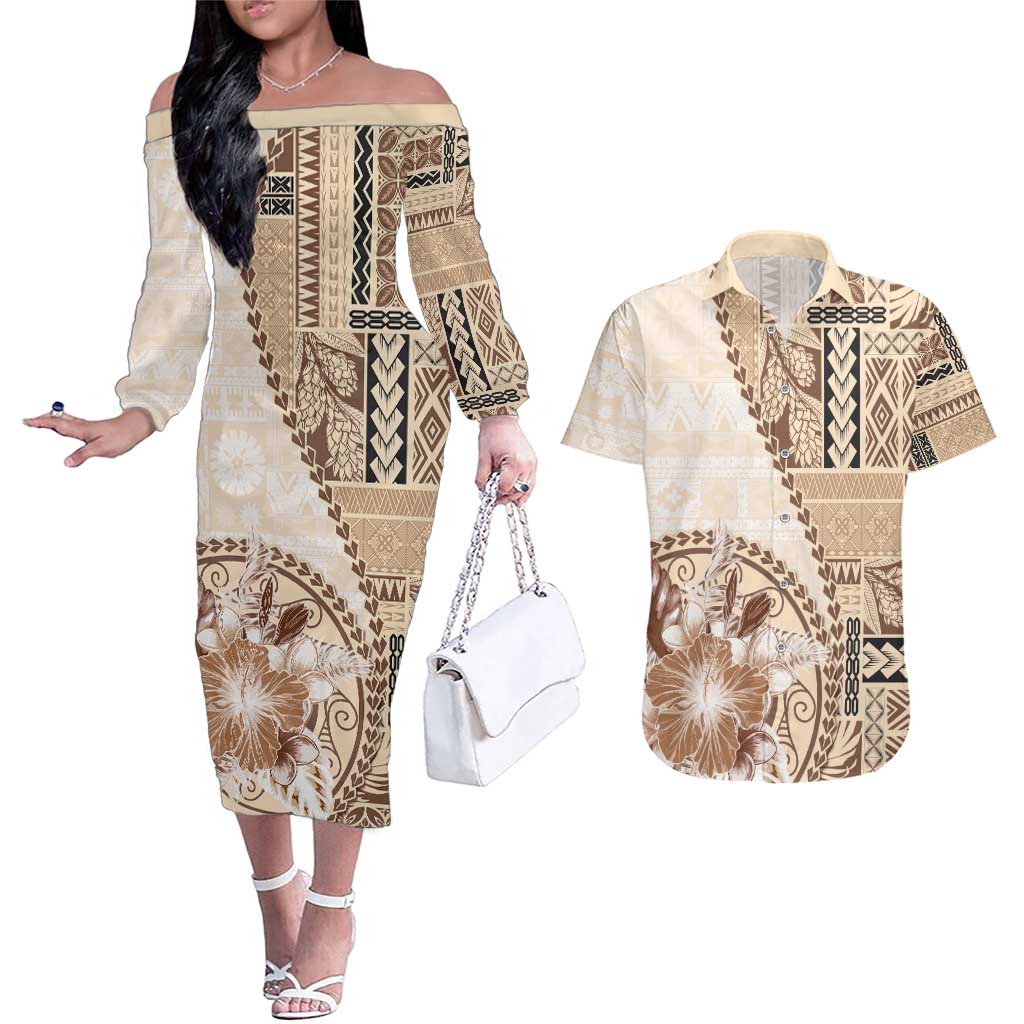 Samoa Siapo Elegant Couples Matching Off The Shoulder Long Sleeve Dress and Hawaiian Shirt Hibiscus Beige Motifs - Polynesian Pride
