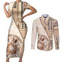 Samoa Siapo Elegant Couples Matching Short Sleeve Bodycon Dress and Long Sleeve Button Shirt Hibiscus Beige Motifs - Polynesian Pride
