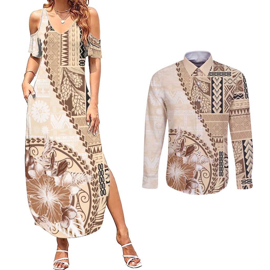 Samoa Siapo Elegant Couples Matching Summer Maxi Dress and Long Sleeve Button Shirt Hibiscus Beige Motifs - Polynesian Pride