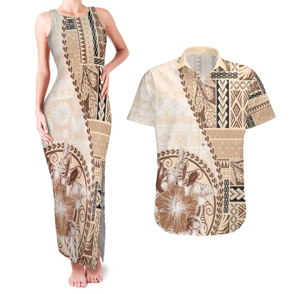 Samoa Siapo Elegant Couples Matching Tank Maxi Dress and Hawaiian Shirt Hibiscus Beige Motifs - Polynesian Pride