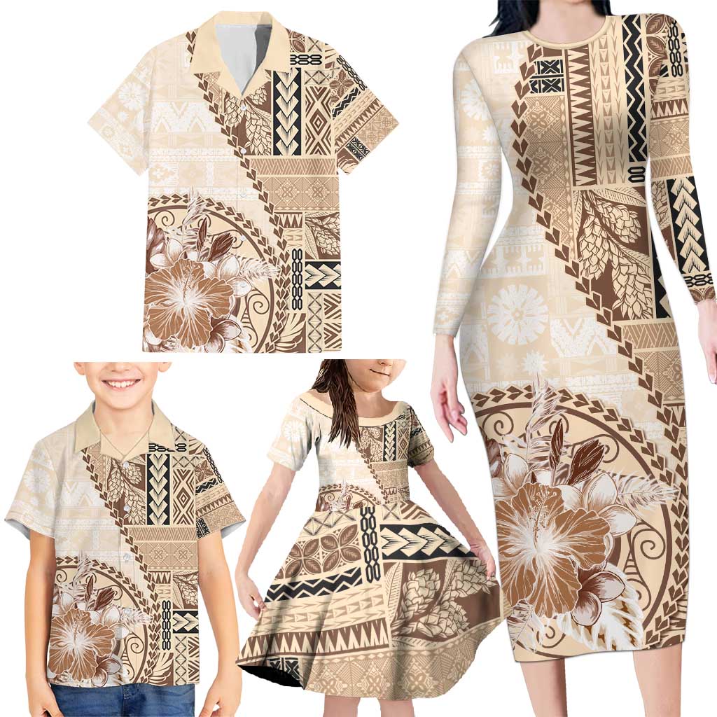 Samoa Siapo Elegant Family Matching Long Sleeve Bodycon Dress and Hawaiian Shirt Hibiscus Beige Motifs - Polynesian Pride