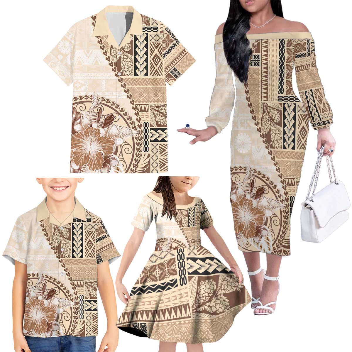 Samoa Siapo Elegant Family Matching Off The Shoulder Long Sleeve Dress and Hawaiian Shirt Hibiscus Beige Motifs - Polynesian Pride
