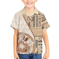 Samoa Siapo Elegant Family Matching Off The Shoulder Long Sleeve Dress and Hawaiian Shirt Hibiscus Beige Motifs - Polynesian Pride