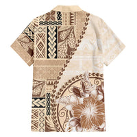 Samoa Siapo Elegant Family Matching Off Shoulder Maxi Dress and Hawaiian Shirt Hibiscus Beige Motifs - Polynesian Pride