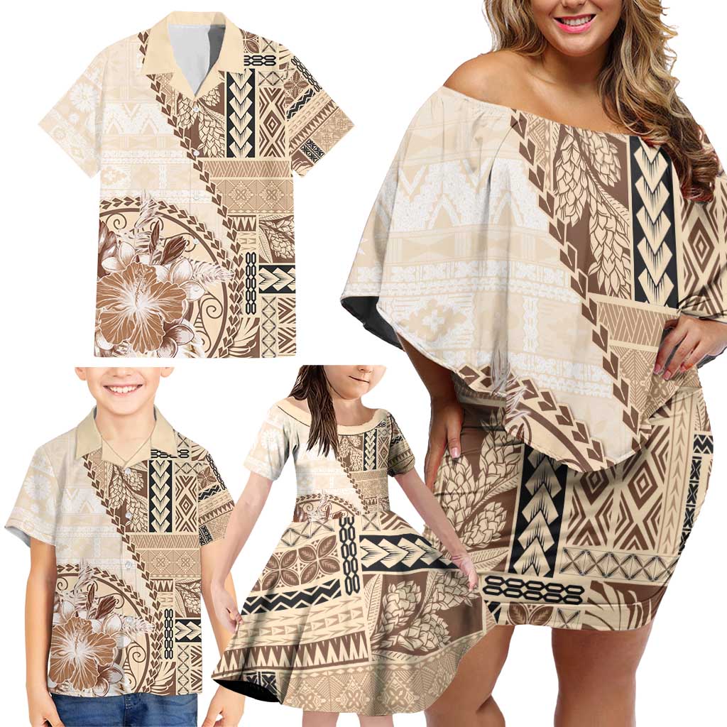 Samoa Siapo Elegant Family Matching Off Shoulder Short Dress and Hawaiian Shirt Hibiscus Beige Motifs - Polynesian Pride