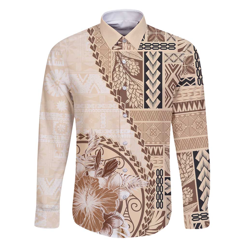 Samoa Siapo Elegant Family Matching Off Shoulder Short Dress and Hawaiian Shirt Hibiscus Beige Motifs - Polynesian Pride