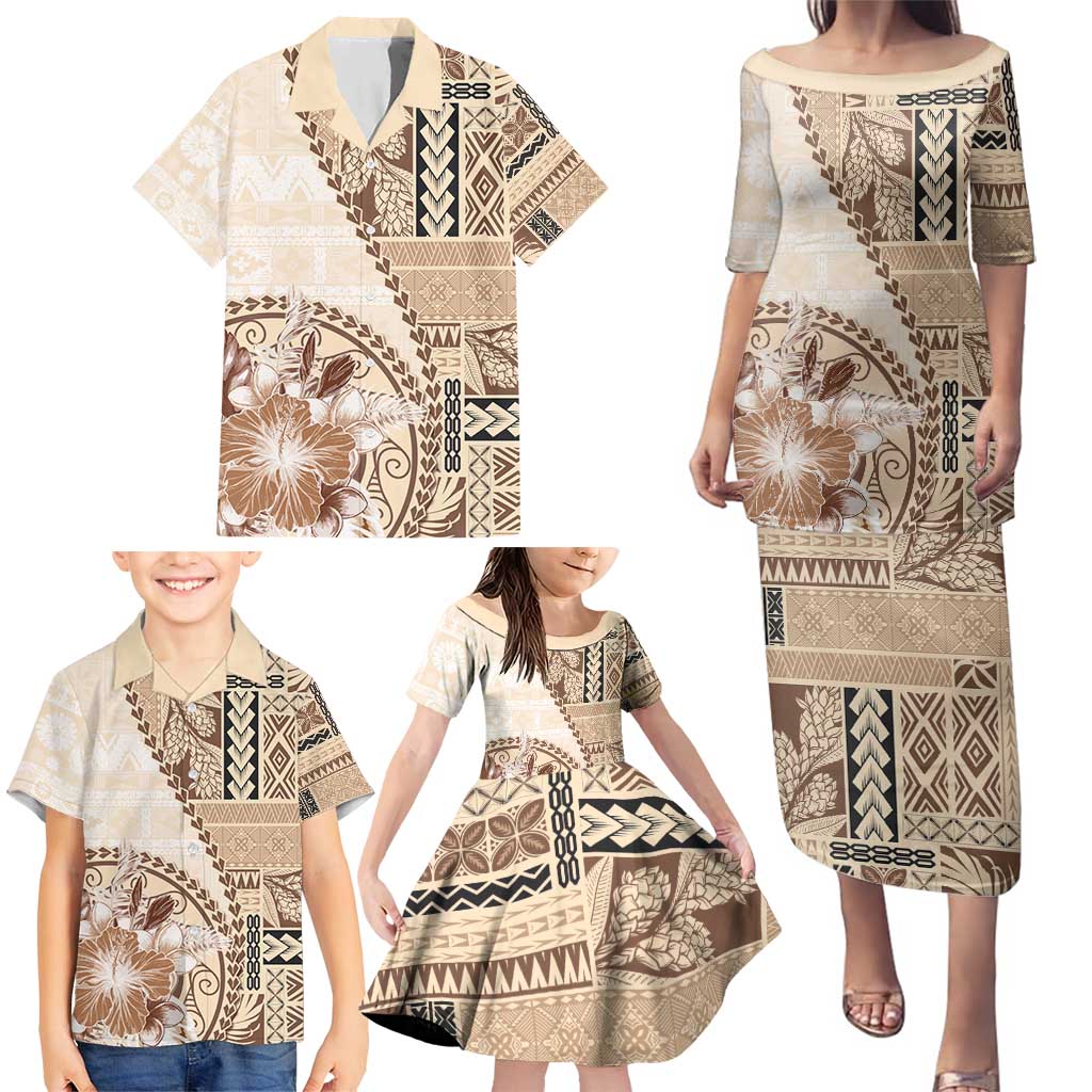 Samoa Siapo Elegant Family Matching Puletasi and Hawaiian Shirt Hibiscus Beige Motifs - Polynesian Pride