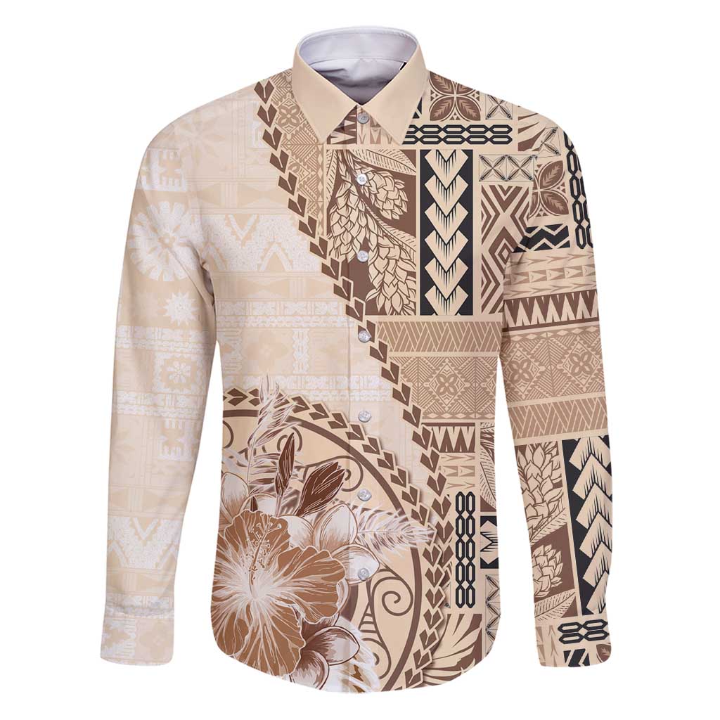 Samoa Siapo Elegant Family Matching Puletasi and Hawaiian Shirt Hibiscus Beige Motifs - Polynesian Pride
