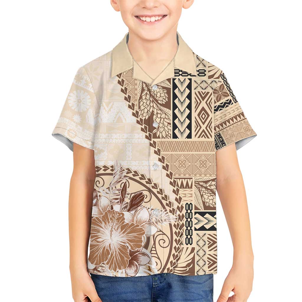 Samoa Siapo Elegant Family Matching Puletasi and Hawaiian Shirt Hibiscus Beige Motifs - Polynesian Pride