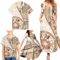 Samoa Siapo Elegant Family Matching Summer Maxi Dress and Hawaiian Shirt Hibiscus Beige Motifs - Polynesian Pride