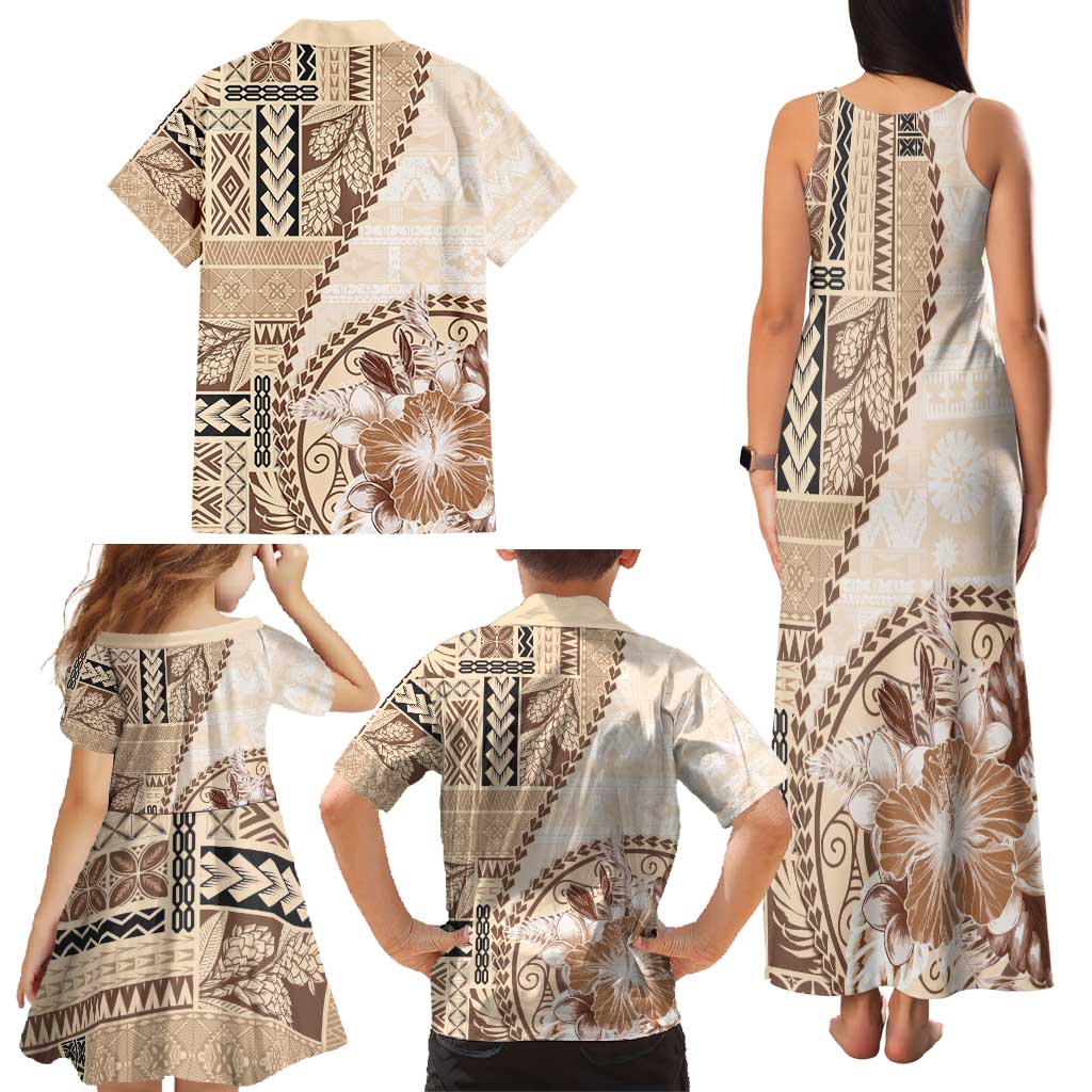 Samoa Siapo Elegant Family Matching Tank Maxi Dress and Hawaiian Shirt Hibiscus Beige Motifs - Polynesian Pride