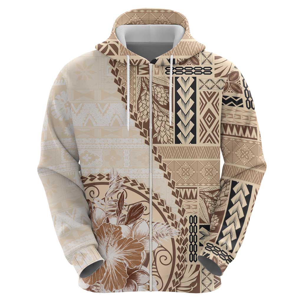 Samoa Siapo Elegant Hoodie Hibiscus Beige Motifs - Polynesian Pride