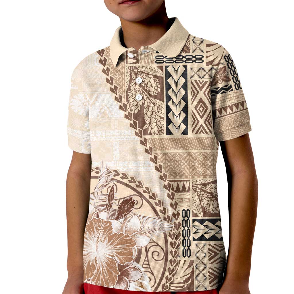 Samoa Siapo Elegant Kid Polo Shirt Hibiscus Beige Motifs - Polynesian Pride