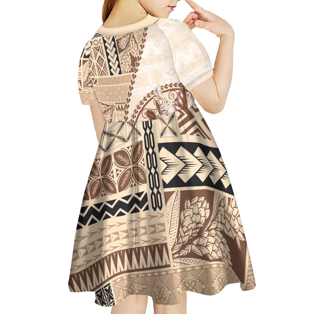 Samoa Siapo Elegant Kid Short Sleeve Dress Hibiscus Beige Motifs - Polynesian Pride