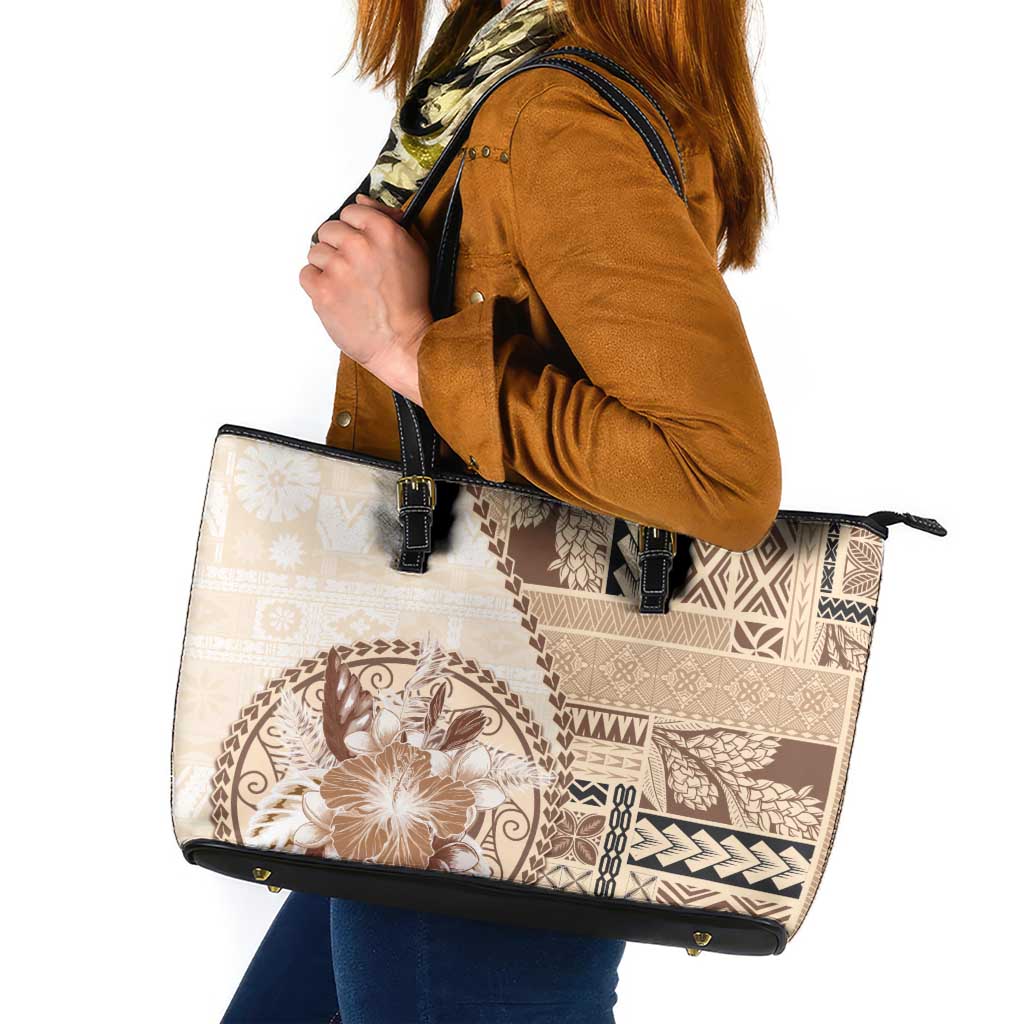 Samoa Siapo Elegant Leather Tote Bag Hibiscus Beige Motifs - Polynesian Pride