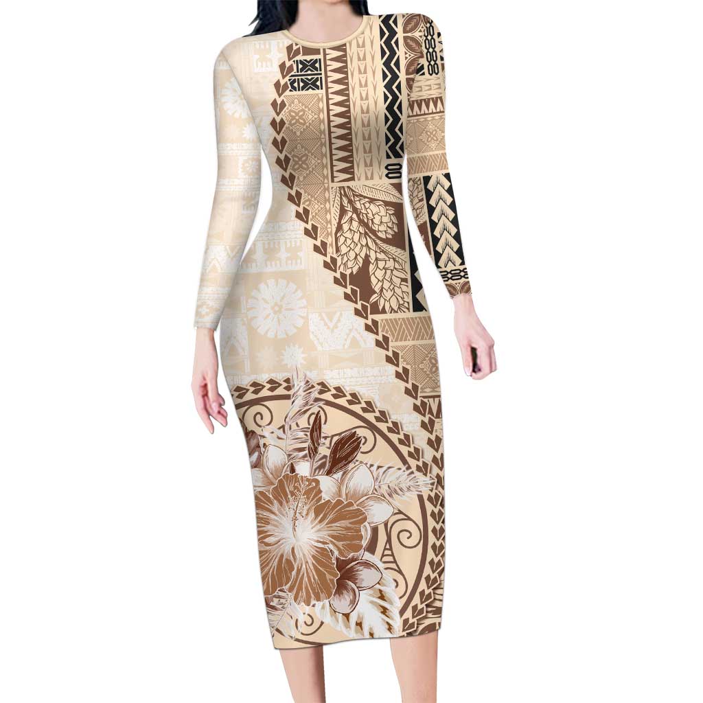 Samoa Siapo Elegant Long Sleeve Bodycon Dress Hibiscus Beige Motifs - Polynesian Pride