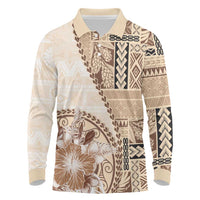 Samoa Siapo Elegant Long Sleeve Polo Shirt Hibiscus Beige Motifs - Polynesian Pride