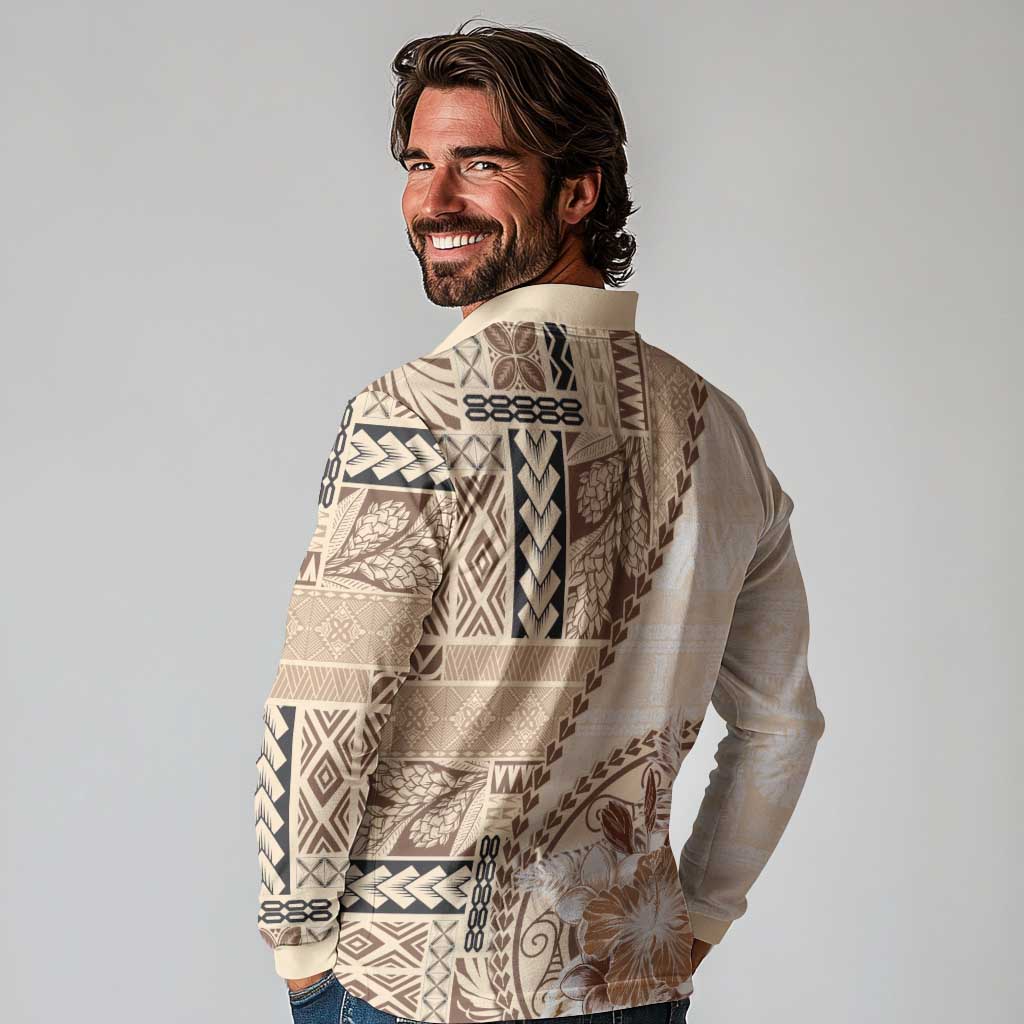 Samoa Siapo Elegant Long Sleeve Polo Shirt Hibiscus Beige Motifs - Polynesian Pride