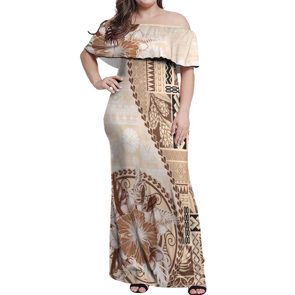 Samoa Siapo Elegant Off Shoulder Maxi Dress Hibiscus Beige Motifs - Polynesian Pride