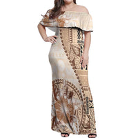 Samoa Siapo Elegant Off Shoulder Maxi Dress Hibiscus Beige Motifs - Polynesian Pride